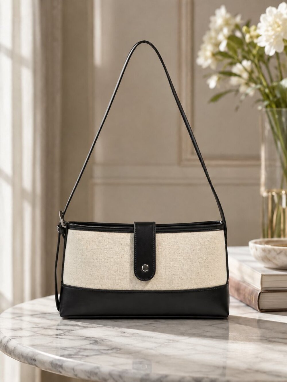 Colorblock Shoulder Bag Vegan Leather and Canvas Clean Girl Black White 11.5"